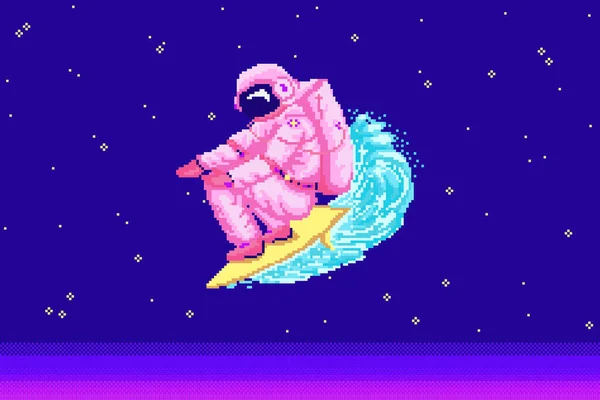 Pixelkunst-Astronaut. Spaceman 8 Bit Objekte. Weltraumkunst, digitale Ikonen. Kosmonauten-Surfer auf der Meereswelle. Retro-Vermögenswerte. Vintage-Spielstil. Eine Reihe von Charakteren. Vektorillustration. — Stockvektor