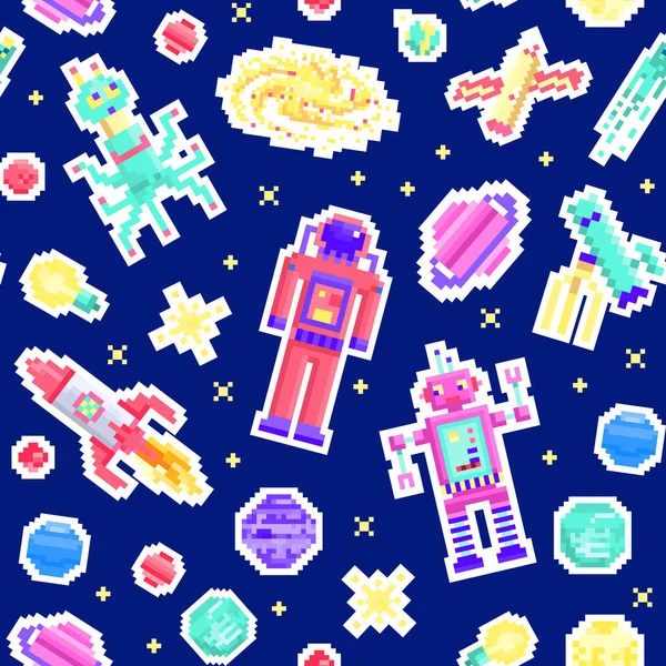 Uzay yıldızları kusursuz desen. Uzaylı uzay adamı, robot roket ve uydu küpleri güneş sistemi pikselleri, dijital klasik oyun tarzı. Merkür, Venüs, Dünya, Mars, Jüpiter. simge bileşimi. — Stok Vektör