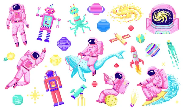 Conjunto de estrellas espaciales, astronauta alienígena, cohete robot y cubos de satélite planetas del sistema solar pixel art, estilo de juego vintage digital. Cosmonauta con ballena. Venus, Tierra, Marte, Júpite. composición de iconos. — Vector de stock