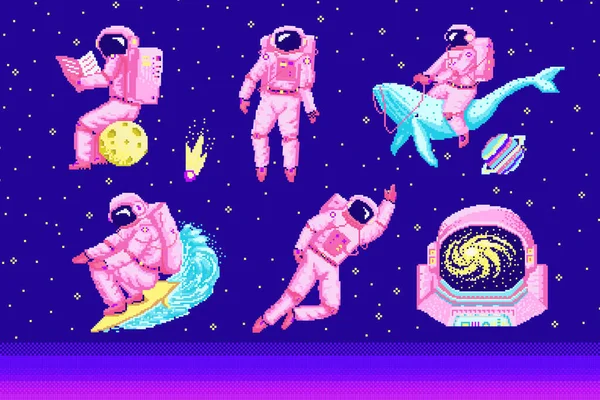 Pixel art astronaut. Spaceman 8 bit objects. Space art, digital icons. cosmonaut on a whale, moon and wave. Retro assets. Vintage game style. Set of characters. Vector illustration. — Stock Vector