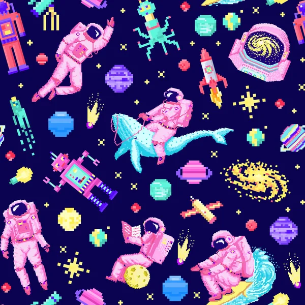 Estrellas espaciales Patrón inconsútil. Alien astronauta, cohete robot y satélite cubos sistema solar planetas pixel art, estilo de juego vintage digital. Cosmonauta con ballena. Venus, Tierra, Marte, Júpite — Vector de stock