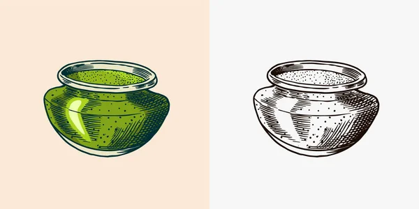 Pestosaus in een pot. Glazen fles. Groene vegetarische gerechten. Met de hand gegraveerde schets. — Stockvector