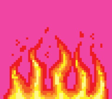 Piksel yangını. Sanat 8 bit yangın objeleri. Oyun simgeleri ayarlandı. Çizgi roman alev efektleri. Patlama patlaması dumanlı flaş dinamiti patlattı. Dijital simgeler.