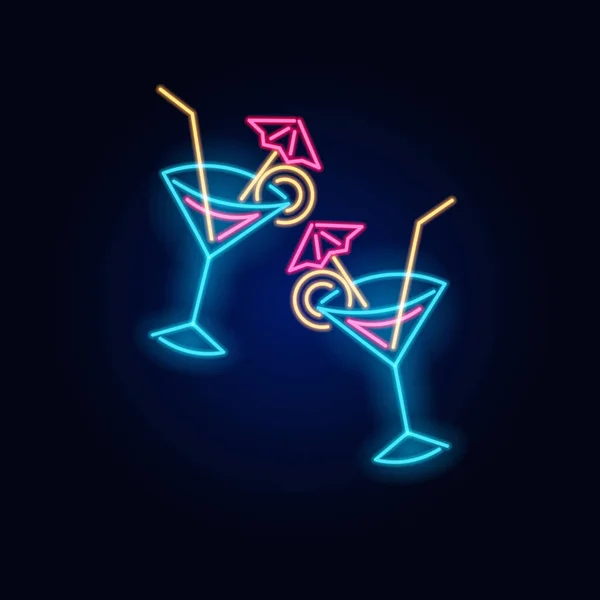 Proost. Neon cocktail. Modeteken. Nachtlampbord, Gloeiend spandoek. Zomer embleem. Club Bar logo op donkere achtergrond. Alcoholdrank met paraplu in een glas. — Stockvector