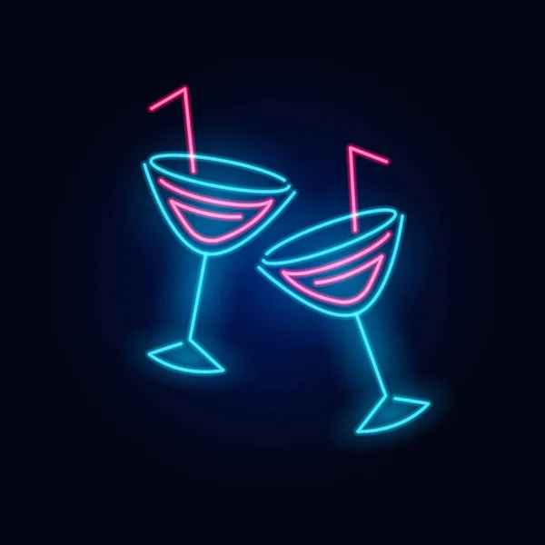 Proost. Neon cocktail. Modeteken. Nachtlampbord, Gloeiend spandoek. Zomer embleem. Club Bar logo op donkere achtergrond. Alcoholdrank met paraplu in een glas. — Stockvector