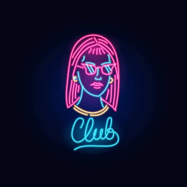 Neon Girl berkacamata. Fashion tanda. Papan nama lampu malam, bendera bercahaya. Lambang musim panas. Logo Club Bar pada latar belakang gelap. Wanita Partai. - Stok Vektor