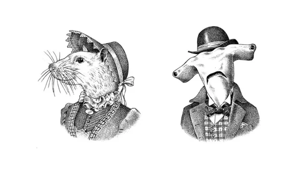 Vit mus och stor hammarhaj i hatt och kostym. Viktoriansk dam eller kvinna och man. Mode djur karaktär. Vektor graverad illustration för logotyp och T-shirts eller tatuering. Handritad skiss. — Stock vektor