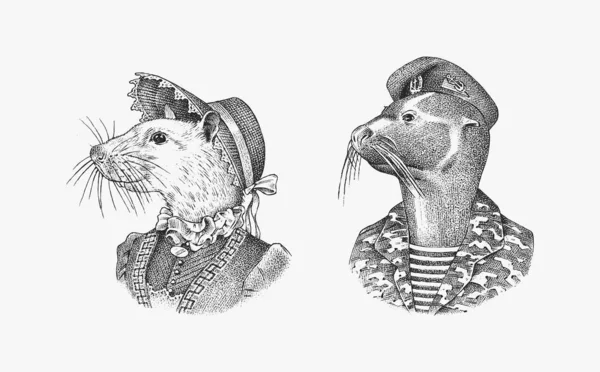 Witte muis met hoed en pak. Een pelsjager in militair uniform. Victoriaanse dame of vrouw. Mode dierlijk karakter. Vector gegraveerde illustratie voor label, logo en T-shirts of tatoeage. Handgetekende schets — Stockvector