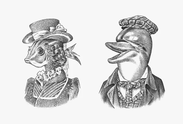 Mujer pescada y hombre delfín con sombrero y traje. Una dama victoriana. Mamífero marino. Caballero victoriano. Personaje animal de moda. Dibujo dibujado a mano. Ilustración grabada para camisetas o tatuajes — Archivo Imágenes Vectoriales