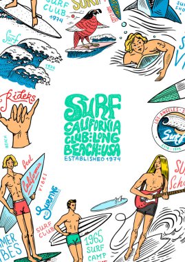 Sörf posteri. Klasik Sörfçü pankartı. Retro dalga ve avuç içi. Yaz Kaliforniya kartı. Sörf tahtasındaki adam, sahil ve deniz. İşlenmiş amblem el çizimi. Hawaii arka planında spor