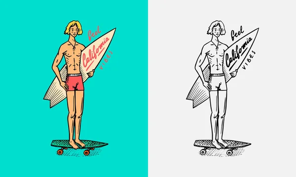 Surfer rijdt op de golven op een plank. Zomer surfbord. Californische kaart. Vintage Man op de surfplank, strand en zee. Handgegraveerd embleem getekend. — Stockvector