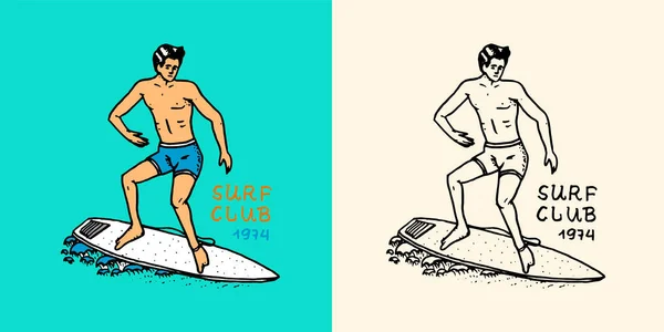 Surfer rijdt op de golven op een plank. Zomer surfbord. Californische kaart. Vintage Man op de surfplank, strand en zee. Handgegraveerd embleem getekend. — Stockvector