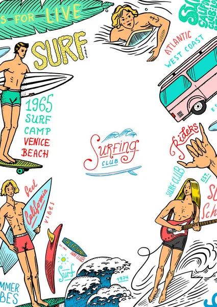 Cartel de surf. Banner Surfista Vintage. Ola Retro y palma. Tarjeta Summer California. Hombre en la tabla de surf, playa y mar. Emblema grabado dibujado a mano. Deportes en Hawaii fondo — Vector de stock