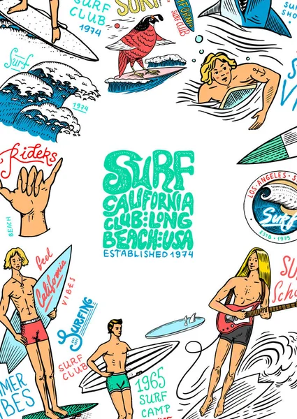 Surf poster. Vintage Surfer banner. Retro-golf en palm. Een Californische zomerkaart. Man op de surfplank, strand en zee. Met de hand gegraveerd embleem getekend. Sport op Hawaï achtergrond — Stockvector