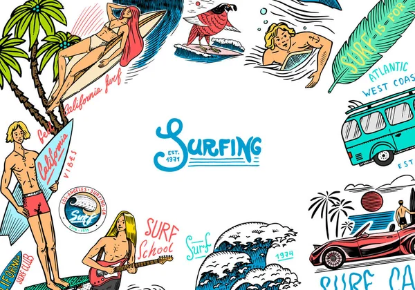 Affiche de surf. Bannière Vintage Surfer. Vague rétro et la paume. Carte Summer California. Homme sur la planche de surf, la plage et la mer. Emblème gravé dessiné à la main. Sports en arrière-plan hawaïen — Image vectorielle
