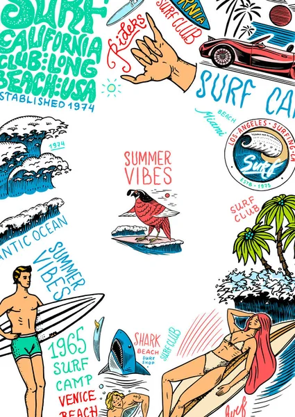 Sörf posteri. Klasik Sörfçü pankartı. Retro dalga ve avuç içi. Yaz Kaliforniya kartı. Sörf tahtasındaki adam, sahil ve deniz. İşlenmiş amblem el çizimi. Hawaii arka planında spor — Stok Vektör