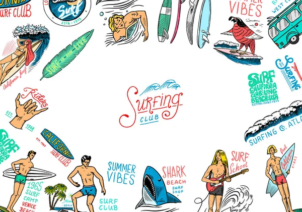 Surf poster. Vintage Surfer banner. Retro-golf en palm. Een Californische zomerkaart. Man op de surfplank, strand en zee. Met de hand gegraveerd embleem getekend. Sport op Hawaï achtergrond — Stockvector