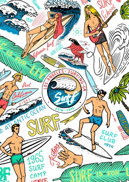 Plakat surfingowy. Klasyczny sztandar surferski. Retro Fala i dłoń. Letnia karta Kalifornii. Człowiek na desce surfingowej, plaża i morze. Grawerowany emblemat ręcznie rysowany. Sport na Hawajach tle — Wektor stockowy