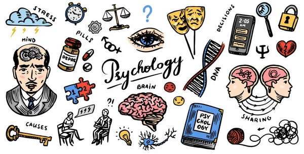 Psychologiewissenschaftliche Symbole. Psychologe online. Clew und dna, Puzzle und Schlüssel. Handgezeichnete Skizze. Psychologische Hilfe. Gehirn, Geist und psychische Gesundheit. Vintage-Retro-Schilder. Doodle-Stil. — Stockvektor