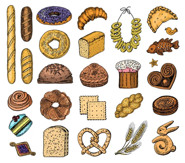 Backwaren Set. Donuts Bagels, Kekse und Baguette, Kuchen und Croissant und Osterkuchen. Handgezeichnet in alter Skizze und Vintage-Stil für Etikett und Speisekarte Bäckerei. Bio-Lebensmittel. — Stockvektor