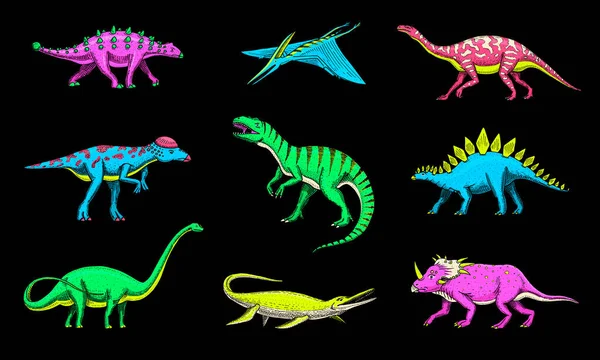 Dinosaurs set, Tyrannosaurus rex, Triceratops, Barosaurus, Diplodocus, Velociraptor Triceratops Stegosaurus. Доісторичні рептилії, Тварина. Вінтажний ескіз для друку футболок. Витяжна рука на тварині — стоковий вектор