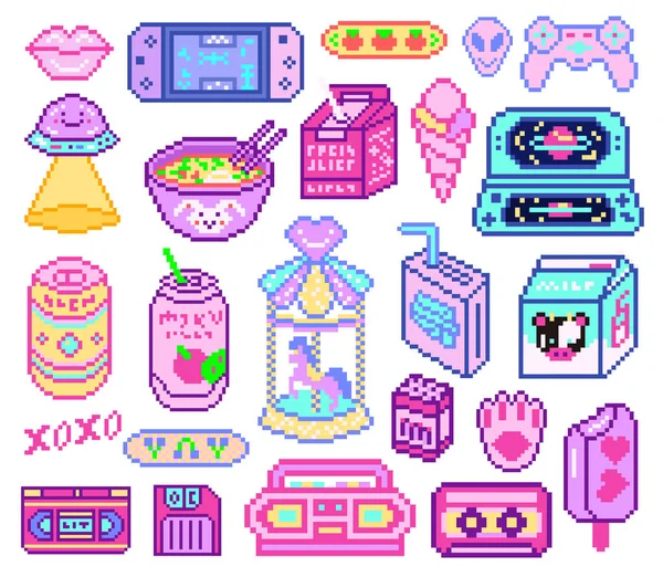 Pixel art 8 bit objecten. Retro digitale game activa. Set van roze mode pictogrammen. Vintage girly stickers. Arcade Computer video. Karakters dinosaurus pony regenboog. — Stockvector