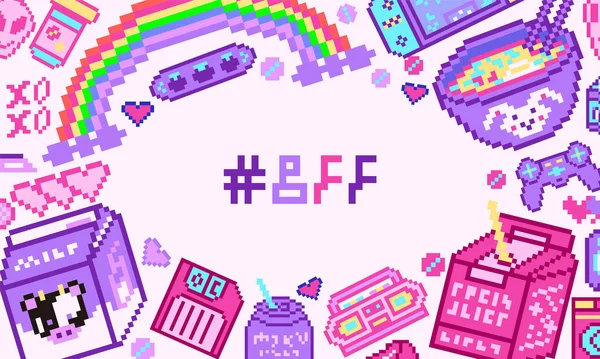 Pixel art 8 bit objetos cartel o banner. Fondo de activos de juego digital retro. Conjunto de iconos de la moda rosa. Pegatinas vintage femeninas. Arcade Computer video. Personajes dinosaurio pony rainbow. — Archivo Imágenes Vectoriales