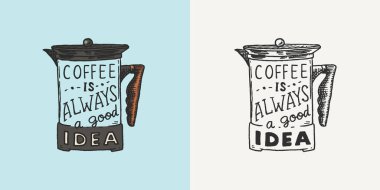 Kahve filtresi. Dükkanın logosu ve amblemi. Eski moda rozet. Tişörtler, tipografi ve tabelalar için şablonlar. El çizimi çizimi.
