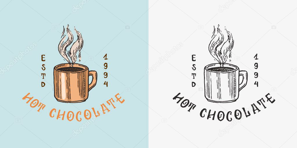 Cocoa Beans and Chocolate. Cacao grains and bag. Vintage badge or logo set for t-shirts, typography, shop or signboards. Hand Drawn engraved sketch. Vector illustration