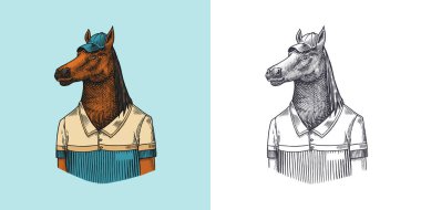 Paltodaki at karakteri. Dobbin polo oyuncusu. Modaya uygun bir hayvan, ceketli bir vitorian beyefendi. Elle çizilmiş eski monokrom çizimi. Tişört, dövme, rozet veya parmak izi için vektör illüstrasyonu