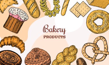 Fırın ürünleri arka planı ya da kartpostal. Çörekler, kurabiyeler ve baget, turta ve kruvasan. Eski bir çizime oyulmuş el yazısı, menü fırını için klasik tarz. organik gıda afişi.