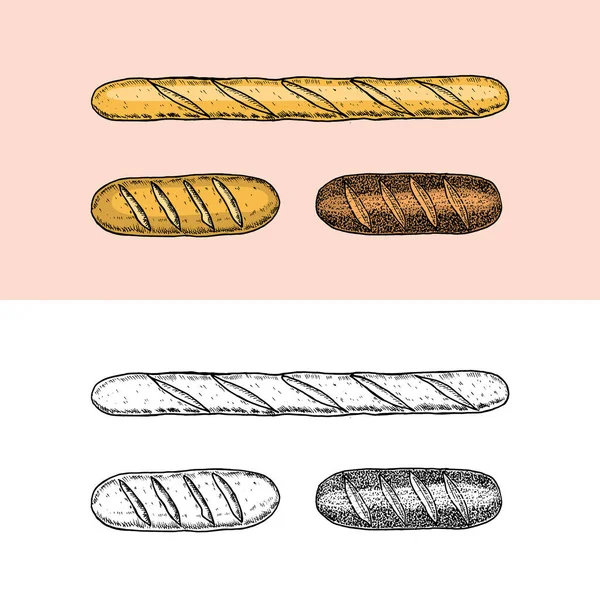 Produits de boulangerie. Baguettes et pain, tarte et gâteau. Gravure à la main dans un vieux croquis et un style vintage pour l'étiquette et le menu boulangerie. . — Image vectorielle