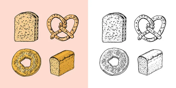 Ensemble de produits de boulangerie. Donut et pain, croissant et sandwich. Gravure à la main dans un vieux croquis et un style vintage pour l'étiquette et le menu boulangerie. — Image vectorielle
