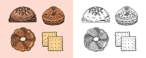 Pekařské výrobky. Koláč nebo Kurnik a sušenky, sladkosti a dezerty. Rytá ruka nakreslená ve starém náčrtu a historickém stylu pro pekárnu etiket a menu. organické potraviny. — Stockový vektor