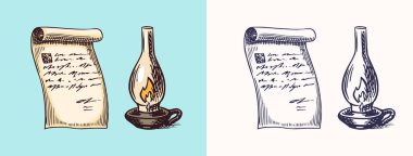 Kağıt üzerine elle yazılmış bir mektup ve gazyağı ya da klasik oymalı parafin lamba. Mesaj var. Tahta kesim, tahta bloğu ya da parmak izi için Retro vektör çizimi. El çizimi.