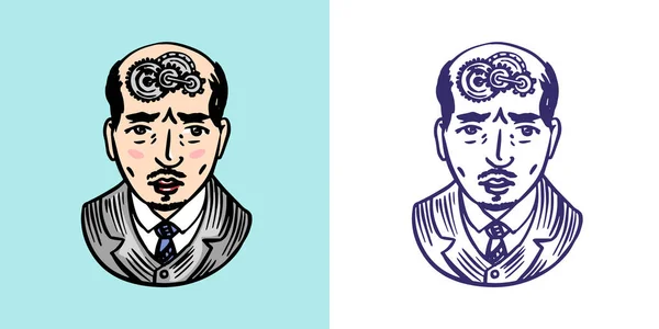 Een man met versnellingen in zijn hersenen. Psychologie concept. Denkproces. Retro vector illustratie voor houtsnede of print. Handgetrokken. — Stockvector