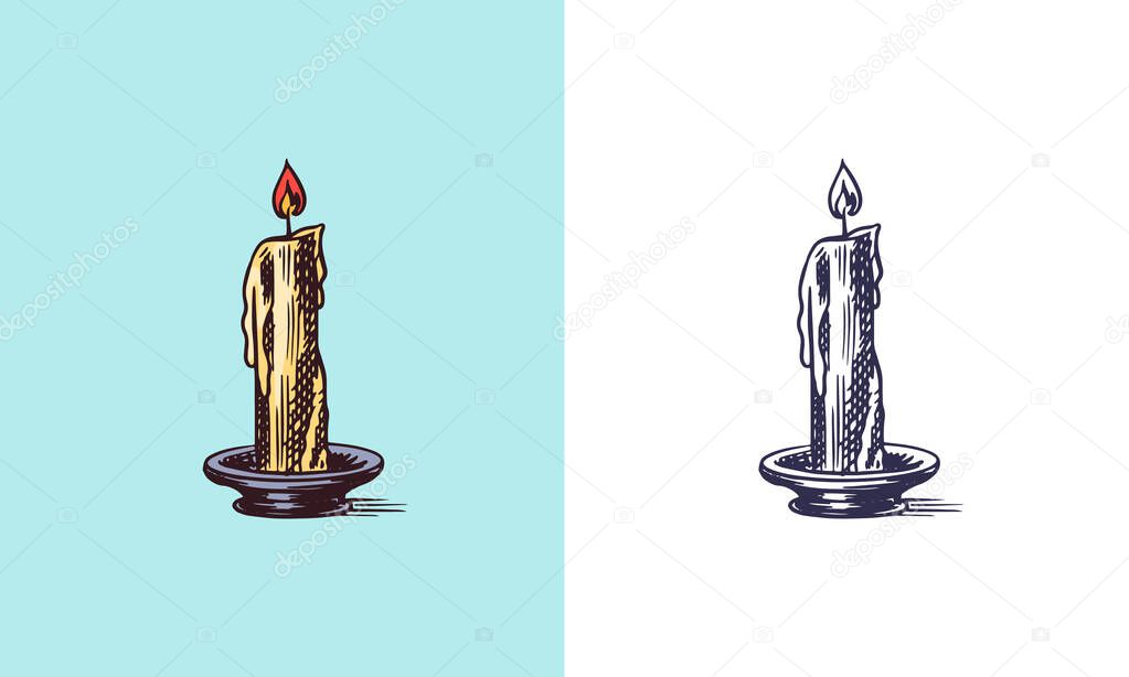  Candle and ignitable wick embedded in wax in vintage engraved style. Method of keeping time. Retro vector illustration for woodcut or woodblock or print. Hand drawn. 
