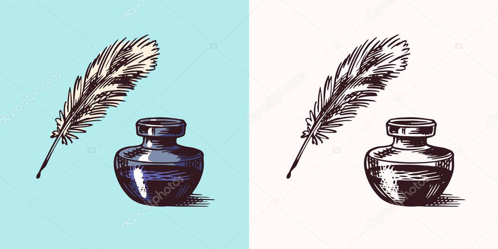 Ink and feather and inkwell in vintage engraved style. Retro vector illustration for woodcut or woodblock or print. Hand drawn.