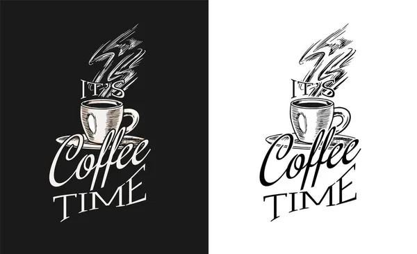 Logotipo e emblema da cafeteria. Uma taça de bebida. Latte ou cappuccino ou café expresso. Emblema retrô vintage. Desenho à mão esboço gravado. Modelos para t-shirts, tipografias ou tabuletas. —  Vetores de Stock