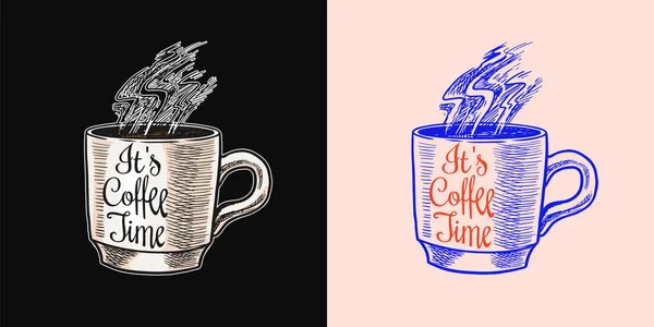 Logotipo e emblema da cafeteria. Uma taça de bebida. Latte ou cappuccino ou café expresso. Emblema retrô vintage. Desenho à mão esboço gravado. Modelos para t-shirts, tipografias ou tabuletas. — Vetor de Stock