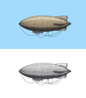 Zeplin, zeplin, zeplin ya da zeplin. Eski taslak tarzında oyulmuş el, eski model nakliye aracı.