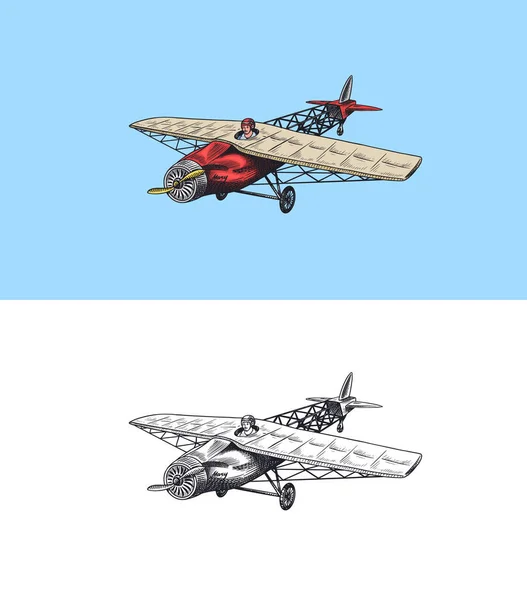 Passagerarflygplan majskolv eller flygplan flygresor illustration. Graverad hand ritad i gammal skiss stil, vintage transport. — Stock vektor