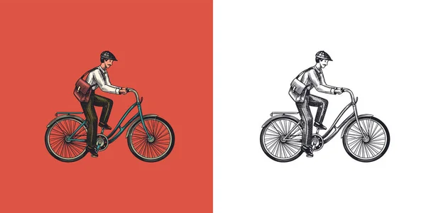 Bisikletli bir adam. Çevre dostu nakliye aracı. Postacı bisiklete biniyor. Klasik özel amblem, tişört için etiket rozeti. Tek renkli retro tarzı. Elle çizilmiş çizim — Stok Vektör