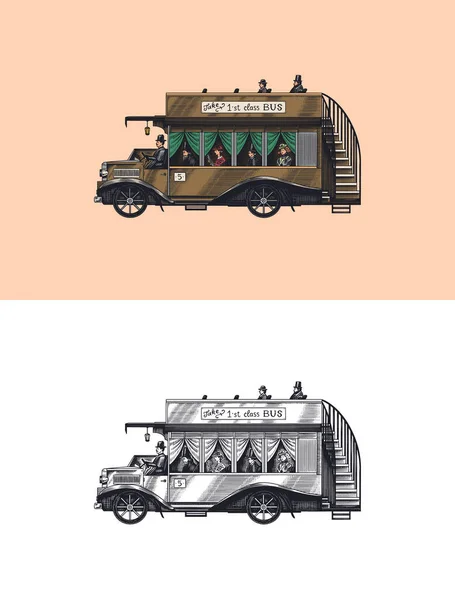 Autobús de época con turistas. Transporte retro de dos pisos. Un auto británico de turismo. Estilo monocromo retro. Dibujo grabado a mano — Vector de stock