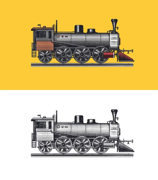 Gamle lokomotiver eller tog på jernbanen. Tilbaketrekking. Inngravert årgang, håndtegnet skisse for t-skjorte. – stockvektor