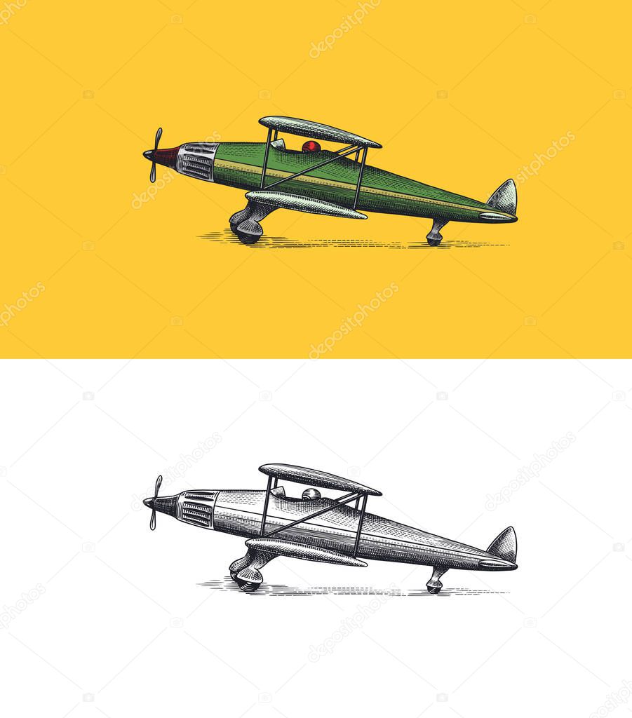 Passenger airplane corncob or plane aviation travel illustration. Engraved hand drawn in old sketch style, vintage transport. Vector illustration