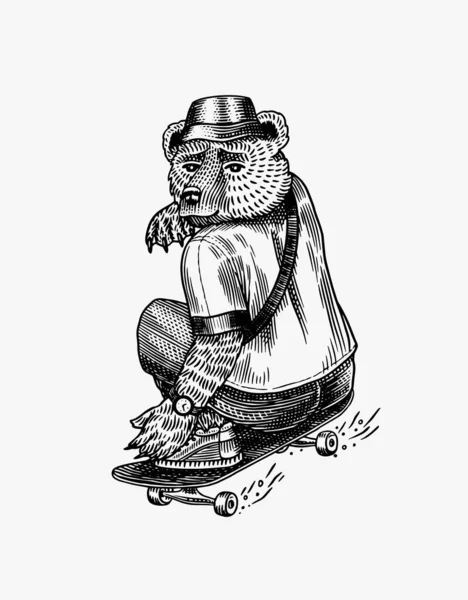 Bear rides a skateboard. Fashion character. Victorian gentleman. Vintage retro look. Hand drawn sketch. Vector engraved illustration for logo and tattoo or T-shirts. — Stock Vector