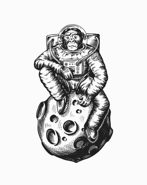 Apenastronaut zit op de maan. Een chimpansee-astronaut. Modieus dierlijk karakter. Met de hand gegraveerde oude monochrome schets. Vector illustratie voor t-shirt, tatoeage — Stockvector