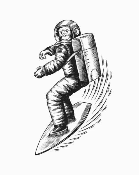 Aap astronaut rijdt op een surfplank.. Chimpansee ruimteman surfrider. Kosmonaut karakter. Modieus dier. Met de hand getrokken oude monochrome schets lijn. Vector illustratie voor t-shirt, tatoeage — Stockvector