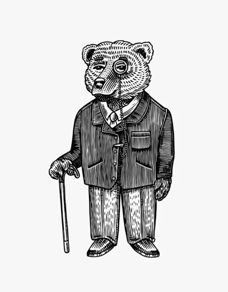 Bär mit Monokel und Gehstock in einer Jacke. Modecharakter. Viktorianischer Gentleman. Vintage-Retro-Look. Handgezeichnete Skizze. Vektorgravierte Illustration für Logo und Tätowierung oder T-Shirts. — Stockvektor